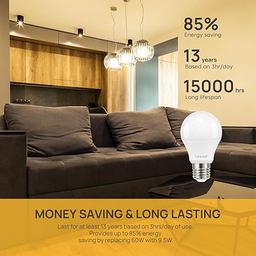 Miniatura 9 de Linkind - Bombillas LED A19 atenuables, equivalente a 60 W, base E26, luz blanca cálida de 3,000 Kelvin, 9.5 W, 800 lúmenes, 120 V, certificadas por