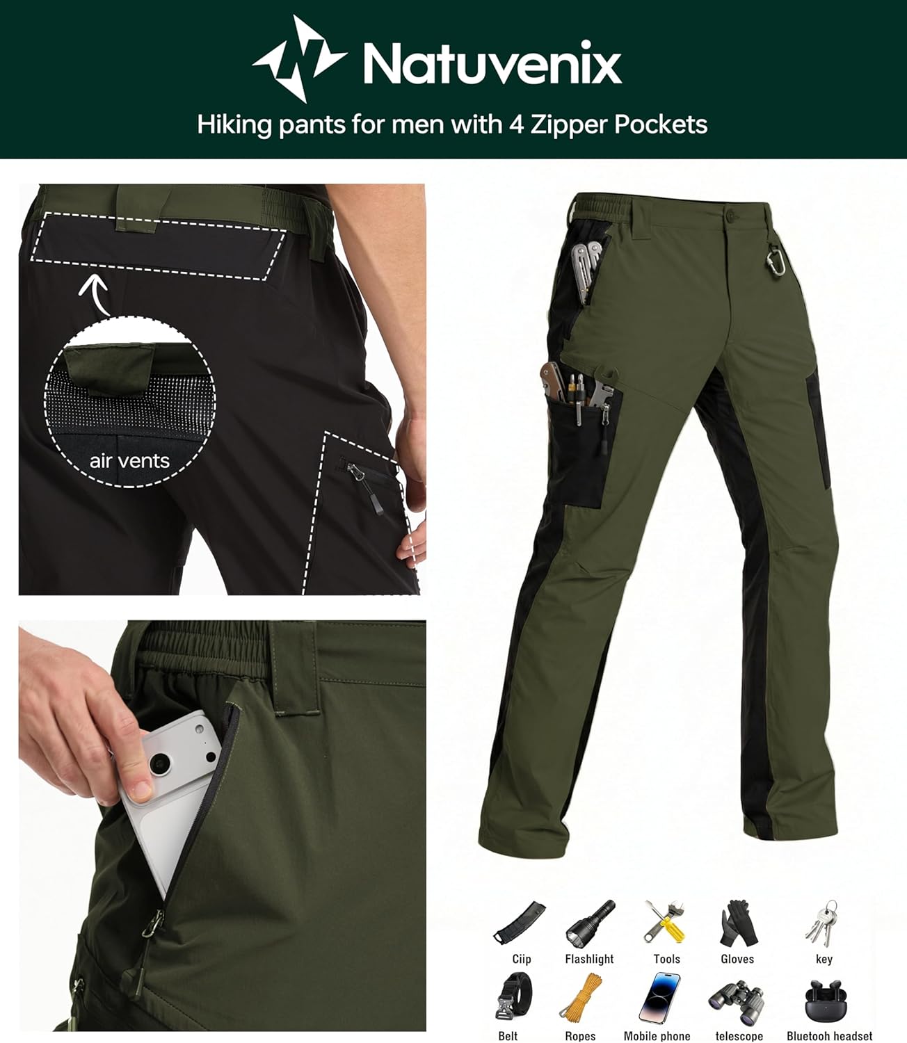 NATUVENIX Water Resistant Mens Hiking Pants Lightweight Stretch Travel Fishing Pants Men Quick Dry Outdoor Work Cargo Pants