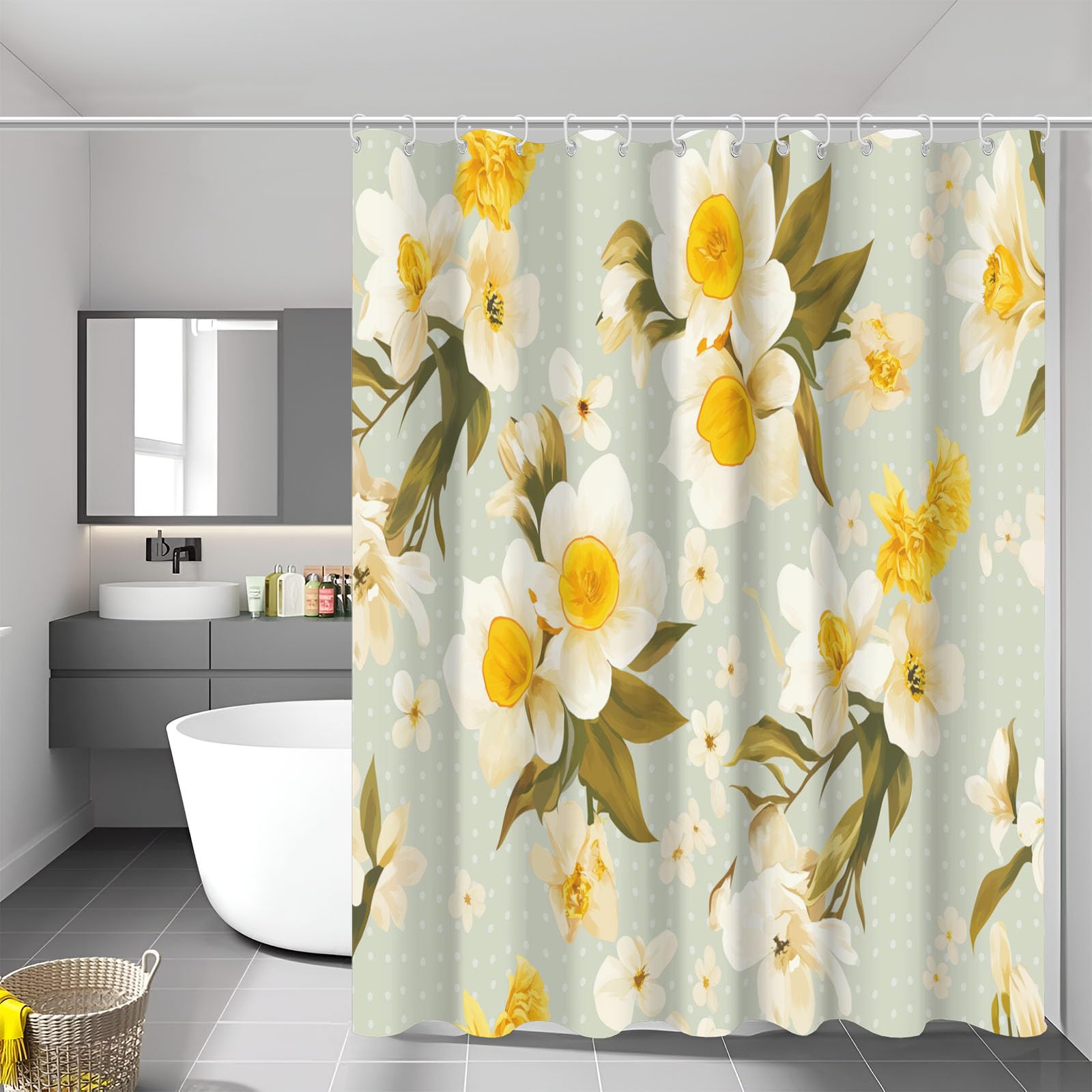 Rideaux de douche durables anti-moisissure en tissu polyester lavable avec crochets