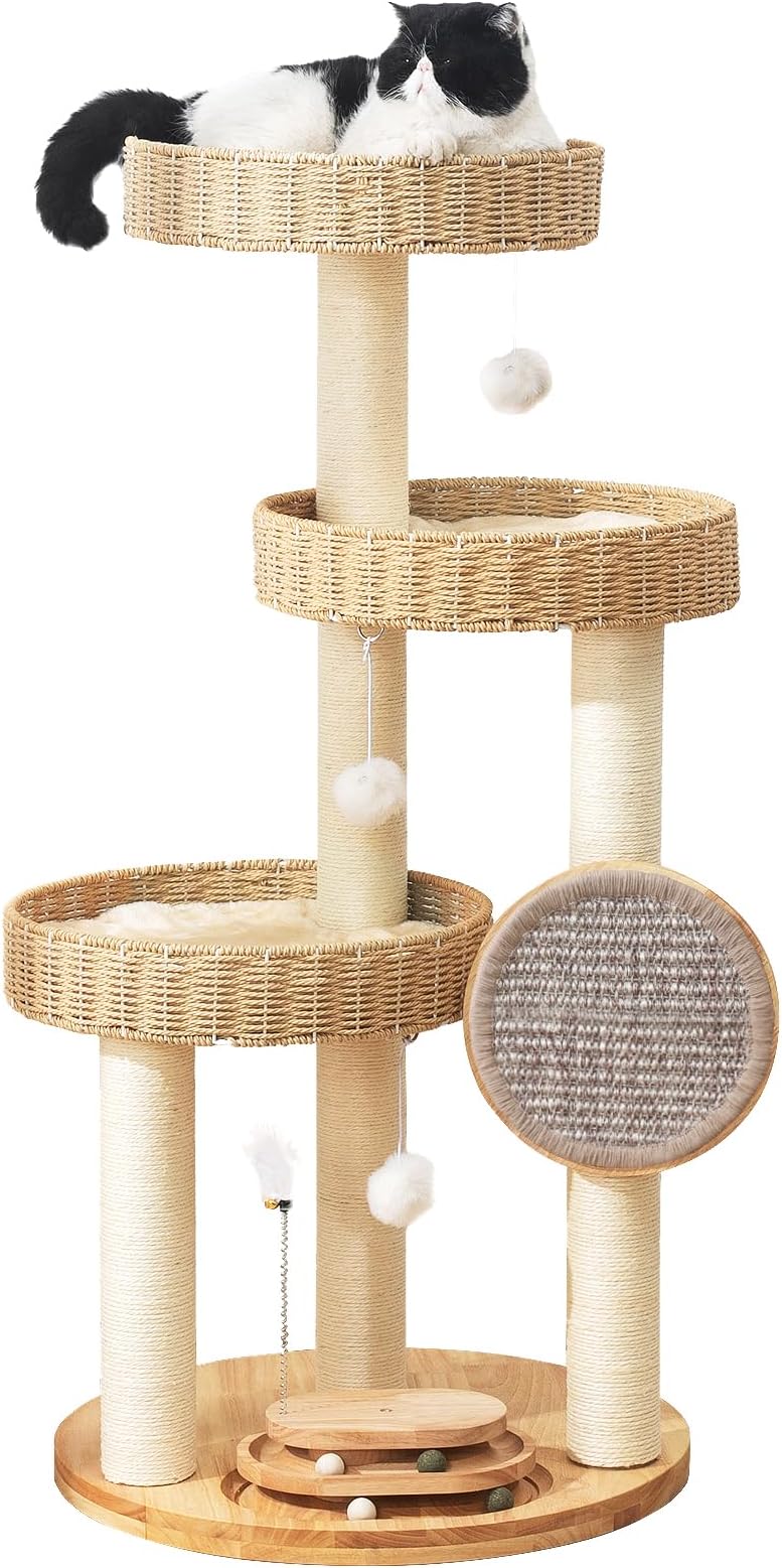 Zonoria Cat Tree Tower for Large Cats, 48-Inch Solid Wood Cat Condo