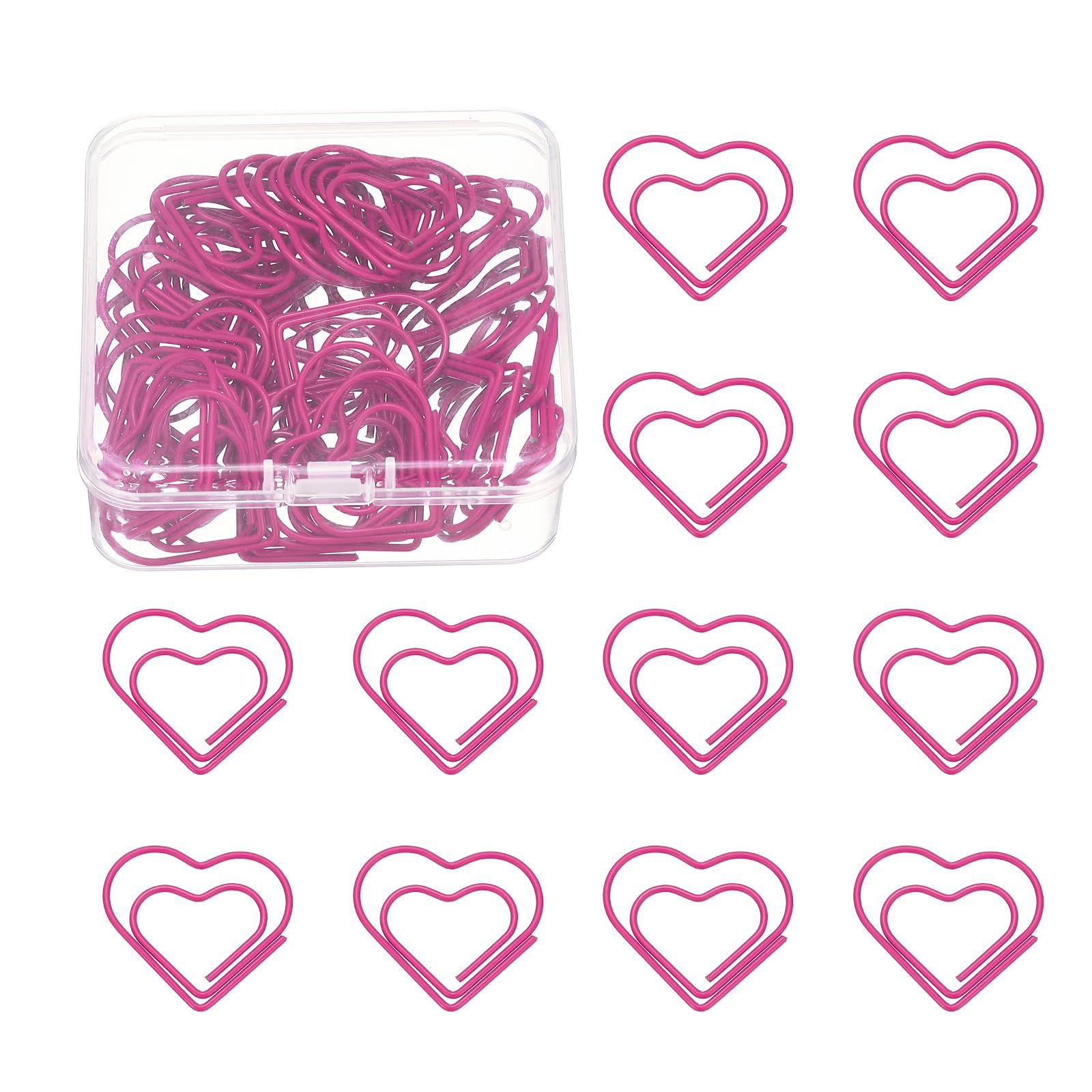 PATIKIL 50 Pcs Heart Shape Paper Clip, Metal Cute Small Paper Clamp Clips for Office Supplies Craft Scrapbook Document Note Sorting, Plastic Coating, Rose Red