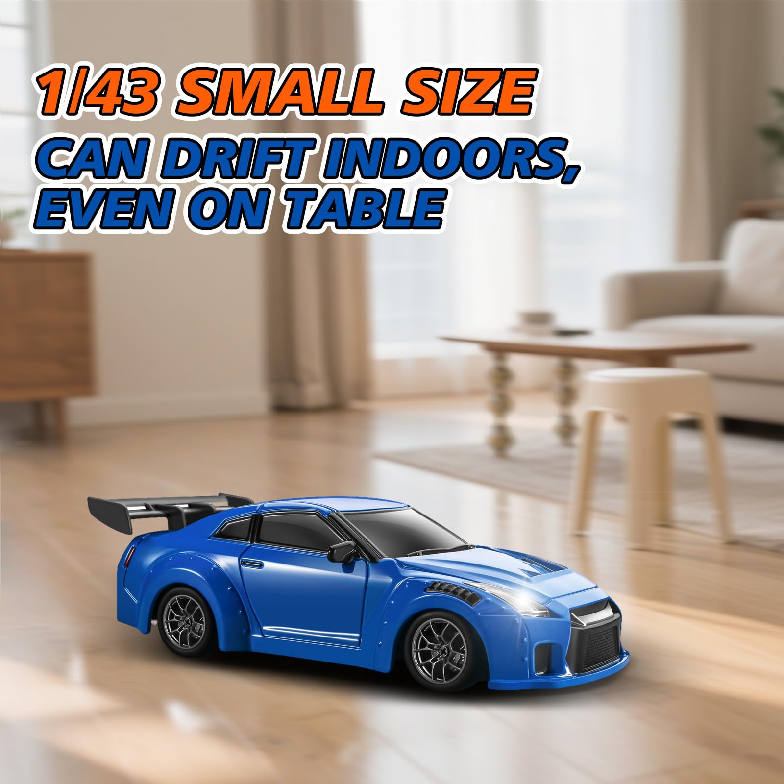 ACAMMZAR Voiture Télécommandée Drift avec Gyro, 1:43 Mini RC Drift Cars, 18KM/H 4WD Proportionnel intégral Voiture Télécommandée Tout Terrain avec lumières LED pour Adulte Enfant, Bleu