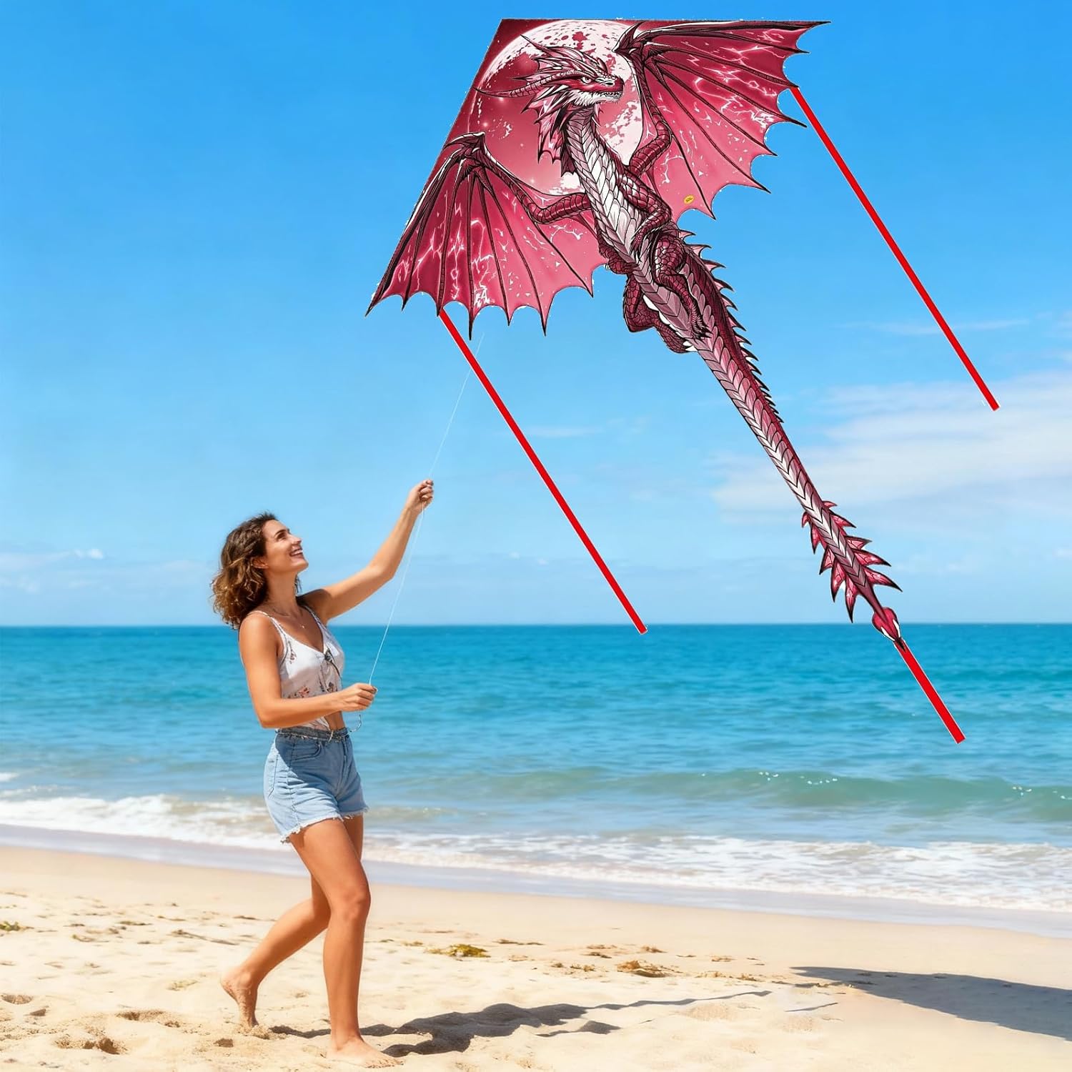 Large Big Red Dragon Kite, 170x71inch Single Line Colorful Kite with Long Tail Beginner with Winding Handle and 100m Line Outdoor Beach Park Games Activities