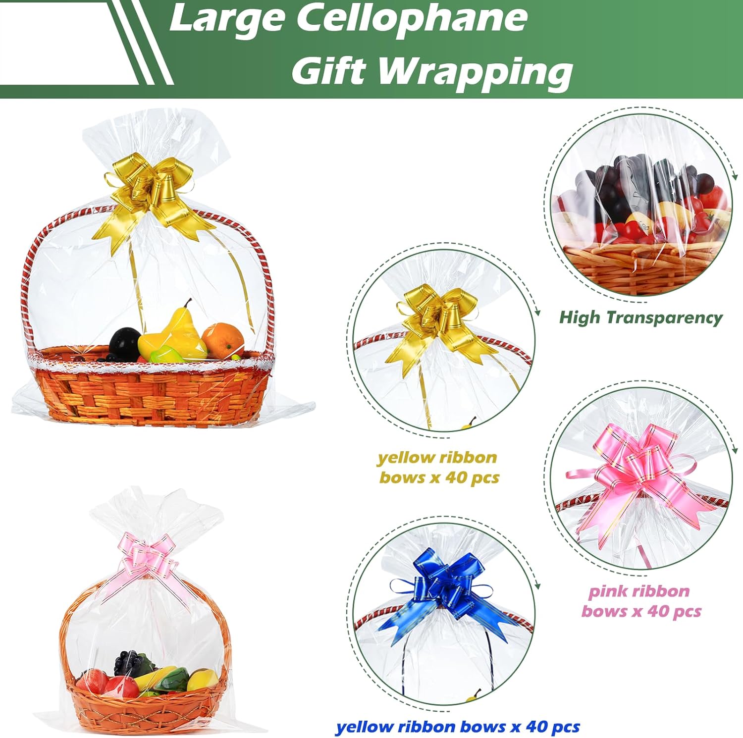 120 Packs Large Clear Cellophane Bags 14x20 18x24 24x30 Inches Jumbo Gift Basket Wraps Extra-large Clear Plastic Bags for Fruit Basket, Gift Wrap, Treats, Arts and Crafts, 120 pcs Pull Ribbon Bow Ties