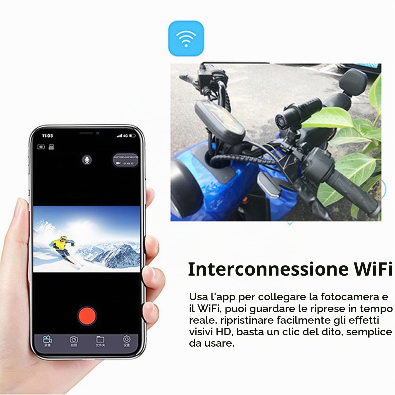 Telecamera per Casco Moto da Bici 1080p Sport per Bicicletta Mini Action Adventure Dash Cam Accessori per Casco Moto, Grandangolo 120°, Connessione WiFi
