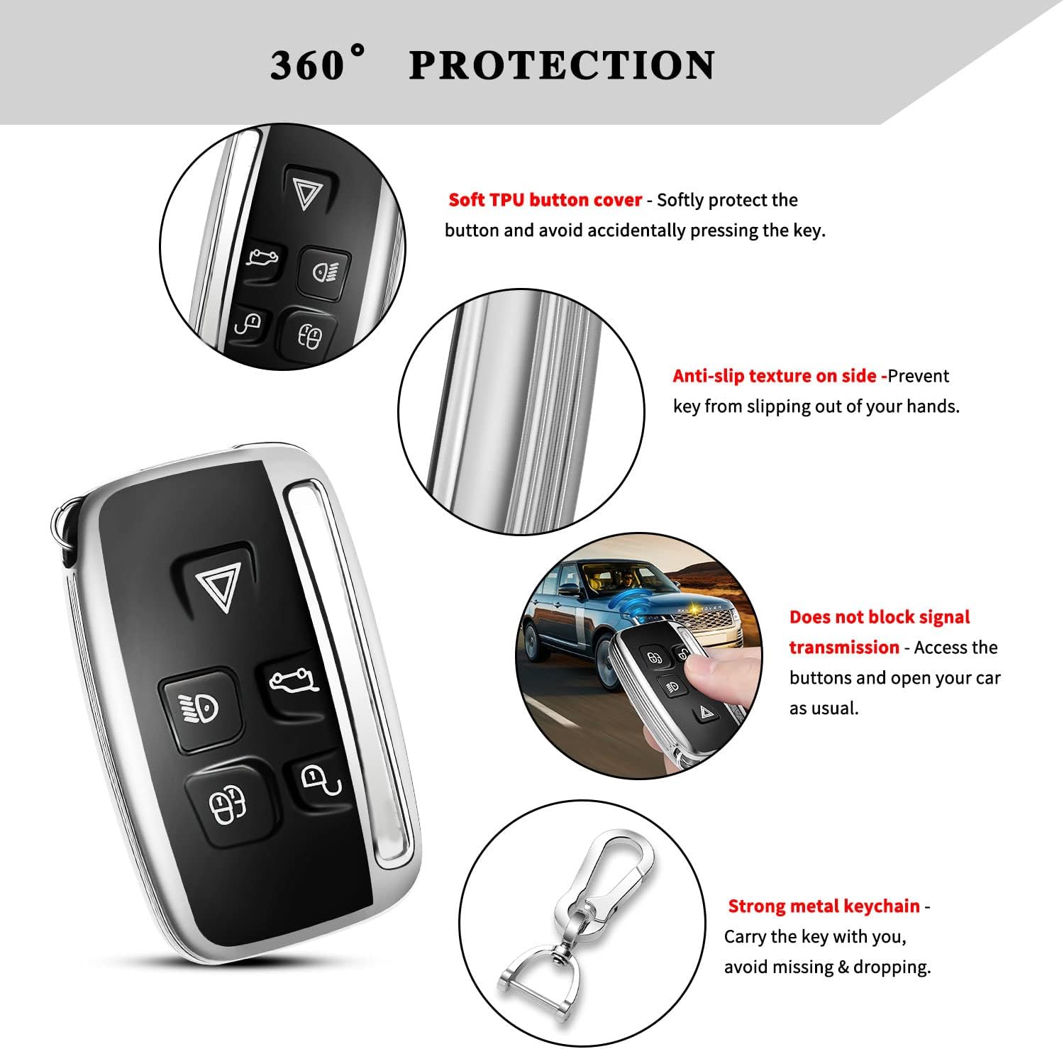 QBUC for LAND ROVER Key Fob Cover Case with Keychain for Range Rover Evoque Sport Velar Land Rover Discovery Jaguar F-Pace F-Type XE XEL XF XFL XJ Accessories (Silver)