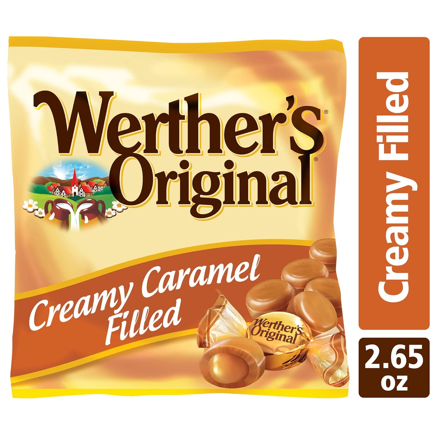 Werther's Original Caramel Hard Candies with Caramel Filling - Individually Wrapped Hard Candies for Halloween, Parties, or Snacks - 2.65 oz Bags (Pack of 12)