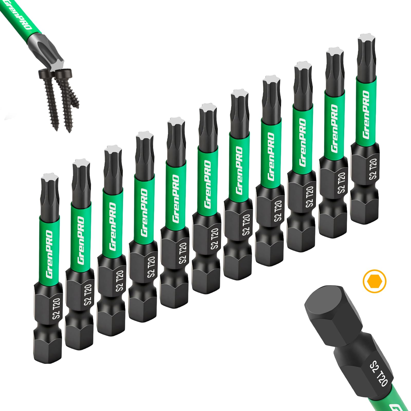 GRENPRO 11Pcs Impact Torx Bits T20, 2" S2 Steel Magnetic Screwdriver Bits