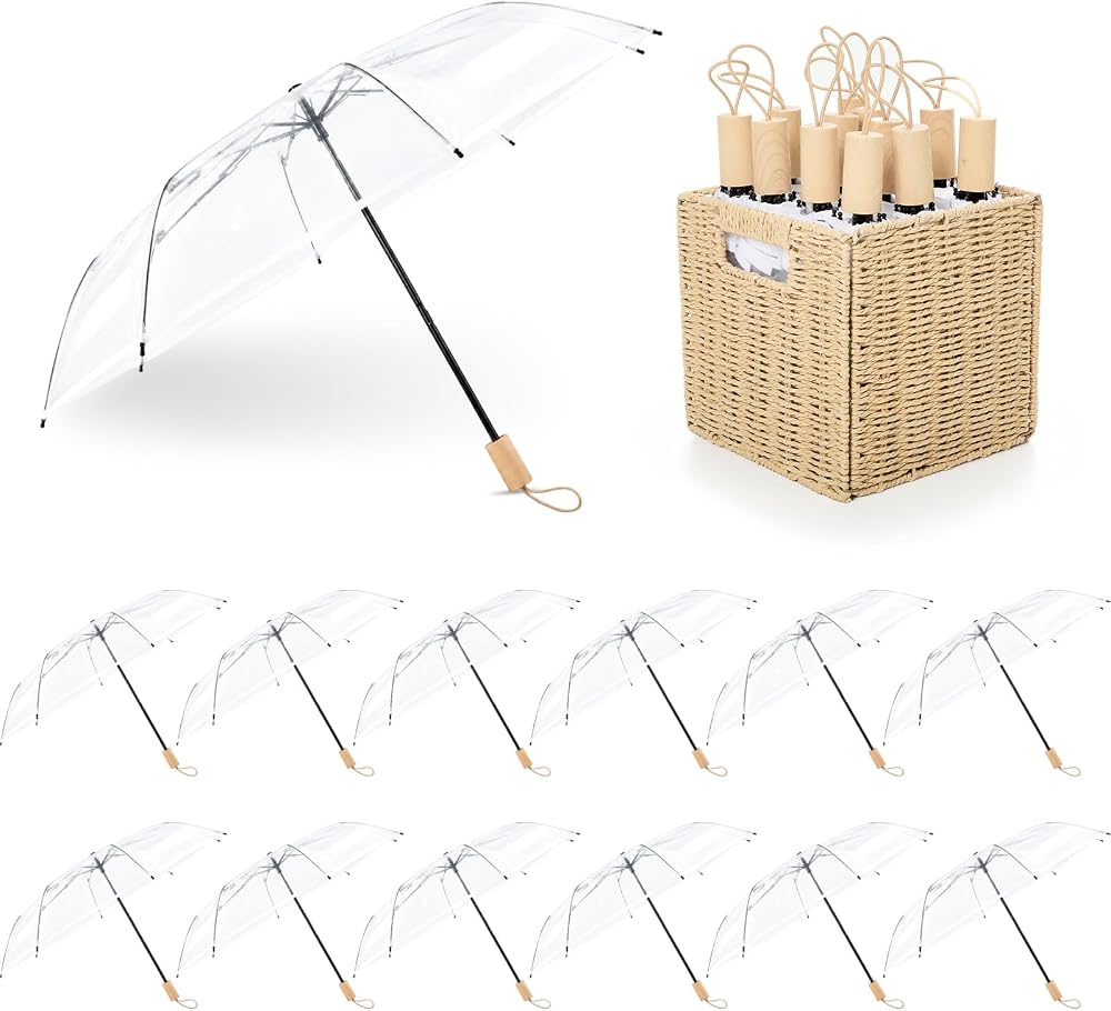 12 Pack Wedding Umbrellas Set, Clear Folding Guest Umbrellas with Basket — 사진 1