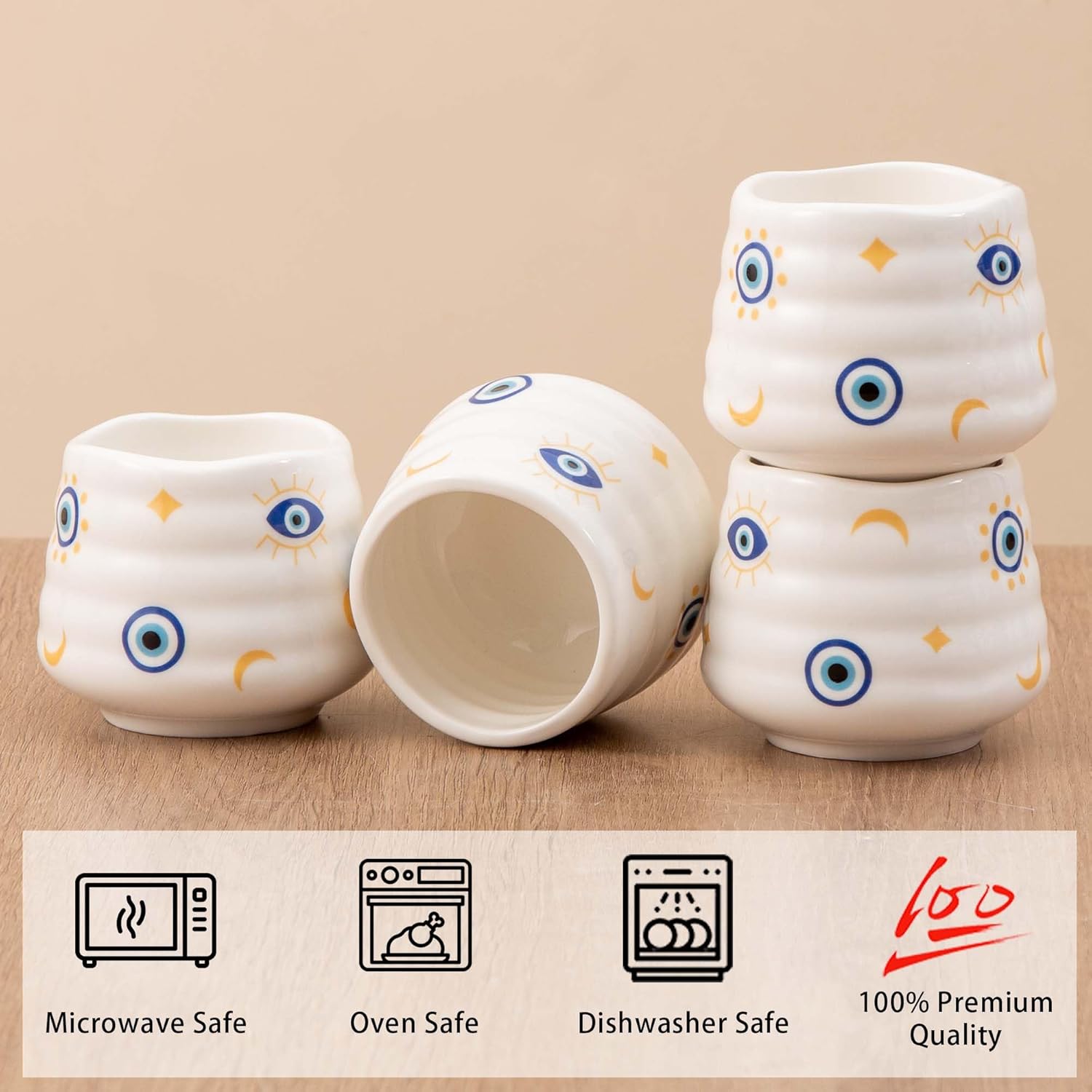 4pcs Japanese Tea Cup Set – 160ml 5.4OZ Lucky Blue Evil Eye Cup, Small Handless Espresso Cups, Cute Turkish Coffee Mugs for Valentine (Evil Eye) - Image 3