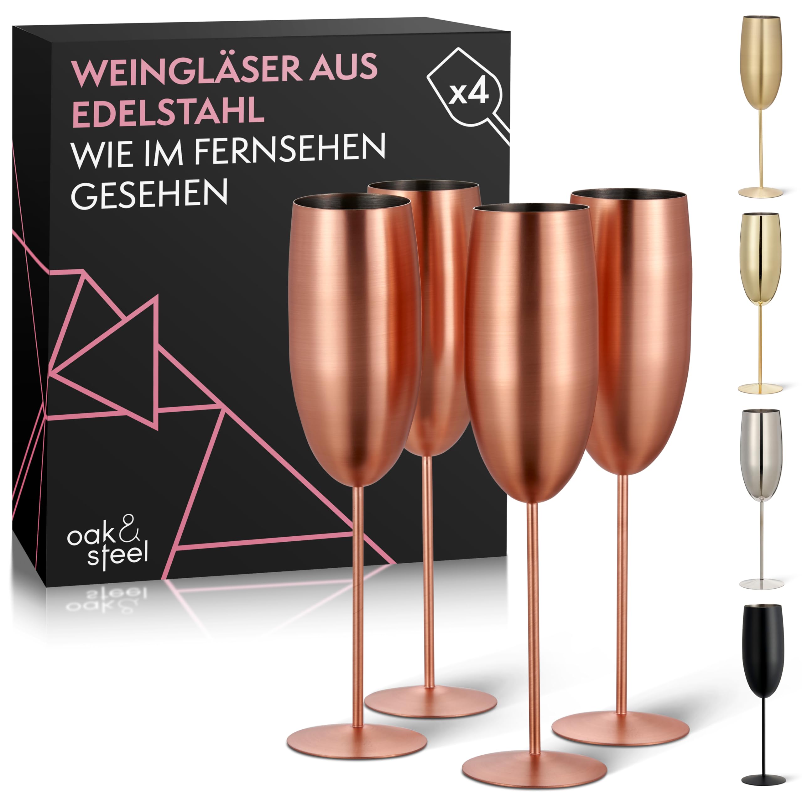 Oak & Steel - 4 Edelstahl Sektgläser (285ml), Champagner & Prosecco Gläser - Matte Roségold/Kupfer - Robust & Unzerbrechlich - Geschenkset für Geburtstage & Weihnachten