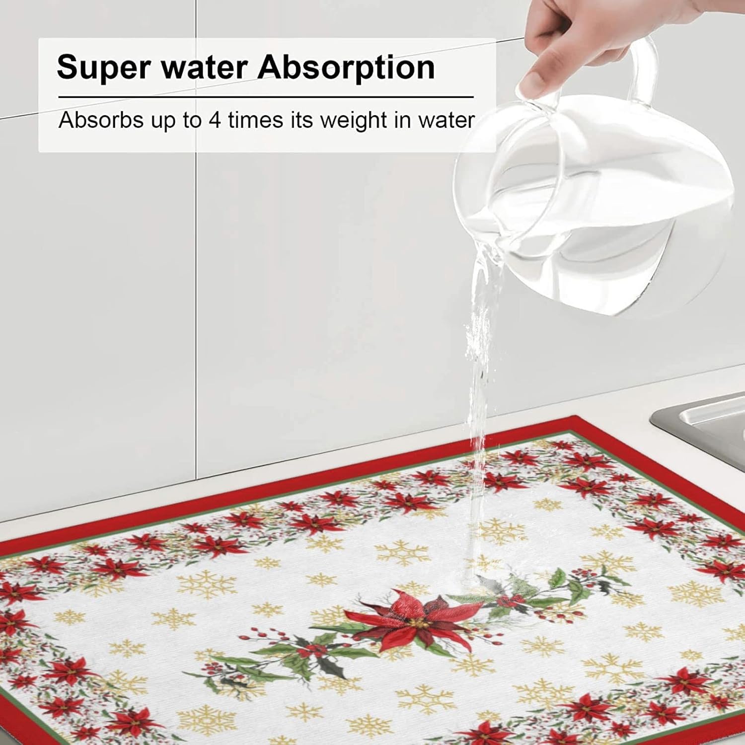 Christmas Flower Snowflake Coffee Mat Rubber Absorbent Dish Drying Mat For Kitchen Counter Coffee Bar Accessories 16x24 Inch image 4