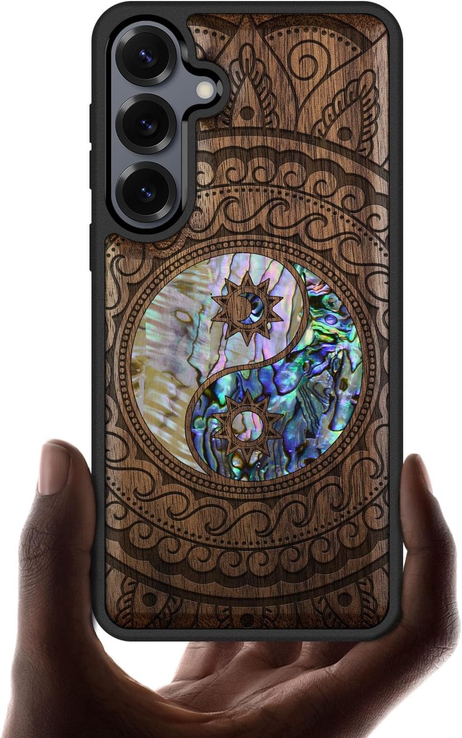 Carveit Magnetic Wooden Case for Galaxy S25+ / S25 Plus Case, Wood Artisan Engraved & Handmade Shell Inlaid, Compatible with MagSafe Wireless Chargers (Yin Yang Paisley) Walnut