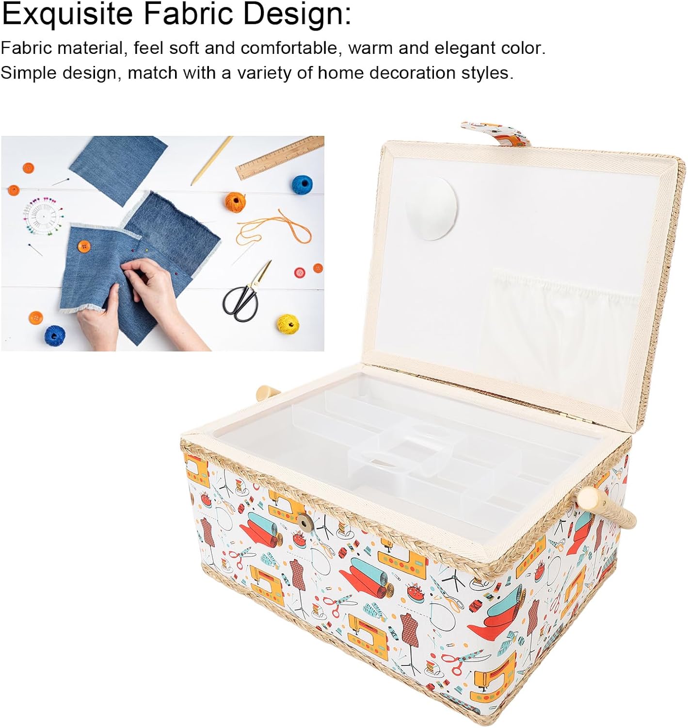 Portable Sewing Basket, Sewing Storage Box, Large Capacity Sewing Storage Organizer Embroidery Storage with Detachable Plastic Tray & Handle for Large Sewing Supplies & Crafting