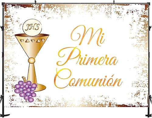 Miniatura 2 de Fondo de fiesta de comunión con texto en inglés Mi Primera Comunión Fondo de uvas moradas God Bles (6 x 4 pies)