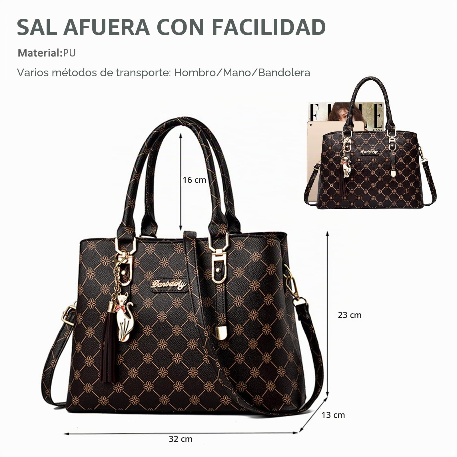 NICOLE & DORIS Bolsos de Mano Mujer Bolso Estampado Bolso Señora Bandolera Elegancia Mediano Bolso Tote Cuero PU Bolsos de Hombro con Colgante Marrón