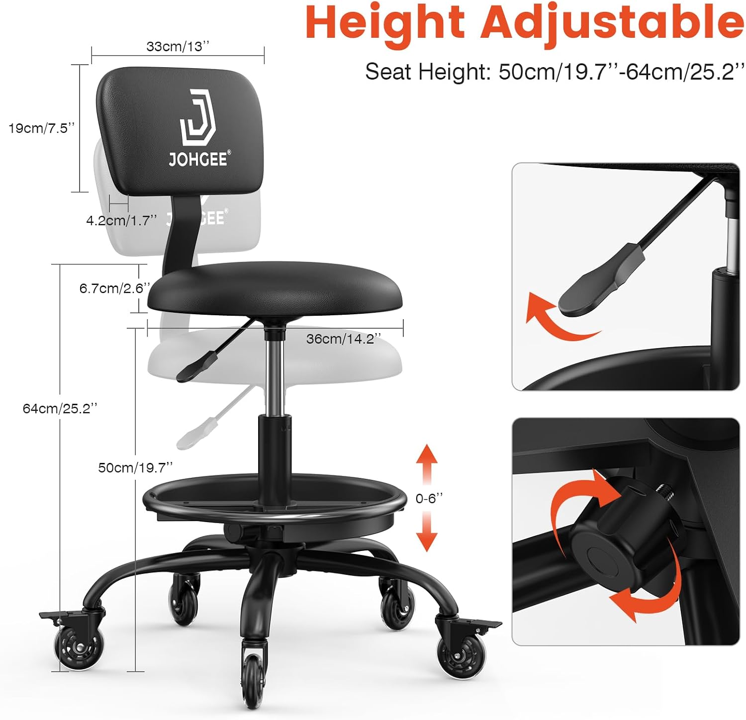 Rolling Shop Stool with Wheels for Garage, Mechanics Stool Chair