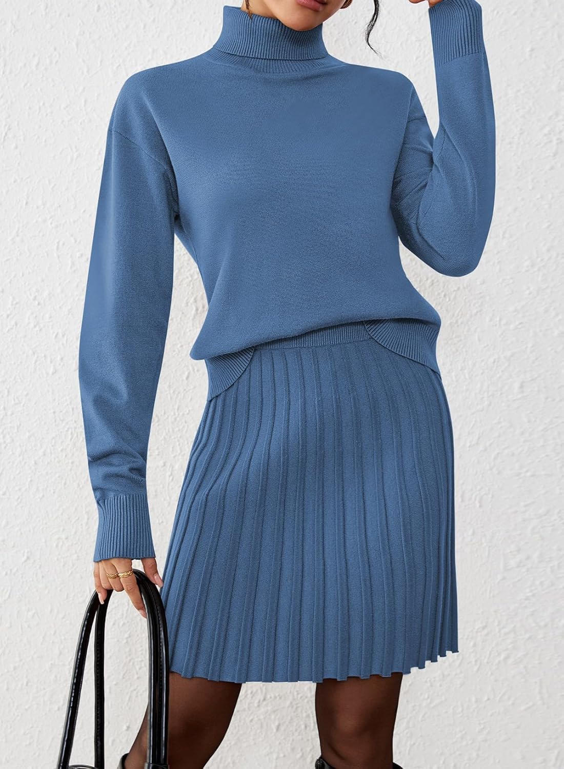 Pink Queen 2026 Women's 2 Piece Sweater Outfits Set Long Sleeve High Neck Top Pleated Mini Skirt Ribbed Knit - Image 2