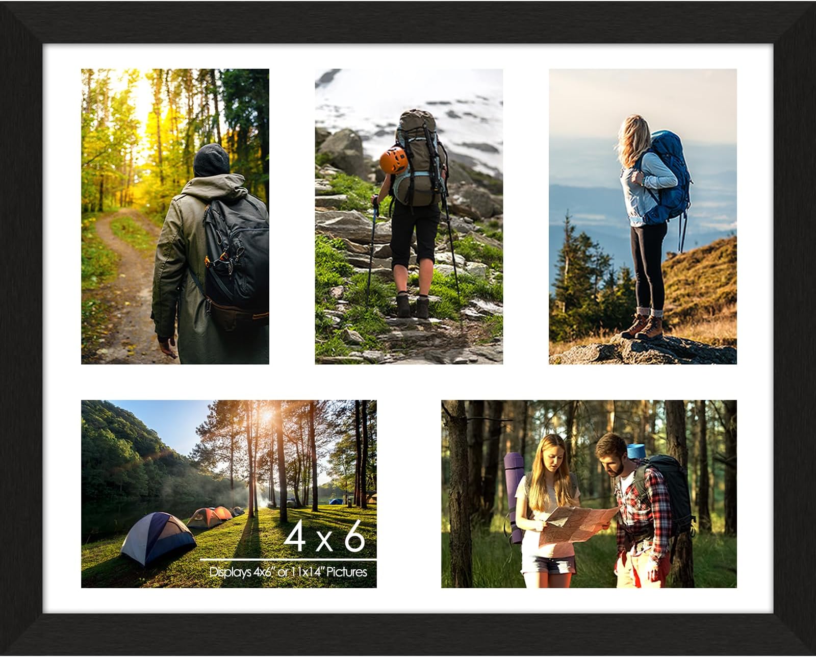 4"x6" Wood Photo Collage Frame 5 Openings, 11"x14" Multi Picture Frame Collage Wall Decor, Brushed Black Frame with White Mat, Solid Pine Wood