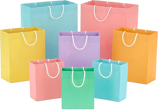 Hallmark Recyclable Gift Bag Assortment 8 Bags 3 Small 6", 3 Medium 9", 2 Large 13" Pastel Blue, Pink, Yellow, Purple, Orange, Green for Birthdays, Easter, Baby Gifts, Bridal Showers