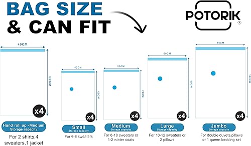 Miniatura 4 de Bolsas de almacenamiento al vacío, paquete de 20 (4 jumbos4 grandes4 medianos4 pequeños4 rollos) - Bolsas de compresión ahorradoras de espacio para