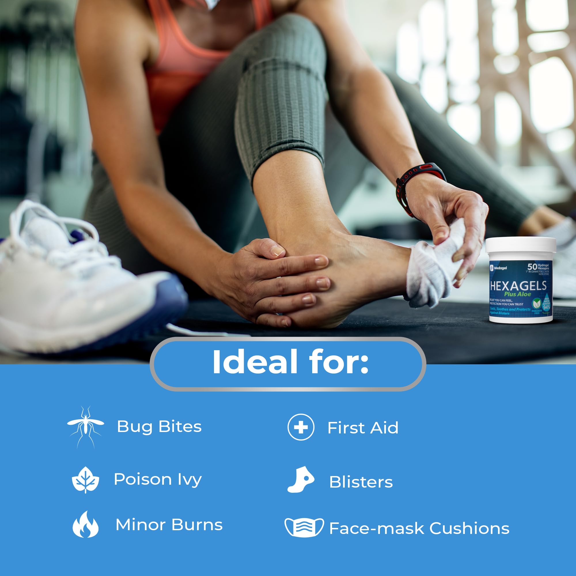 Medagel Hexagels Plus Aloe Vera - Advanced Healing Hydrogel Pads for Blister Prevention & Soothing Burn Care - Foot, Heel, Toe, & Ankle Protection, Pack of 50, 1-Inch Patches, Paraben Free Formula — Amazon image 3