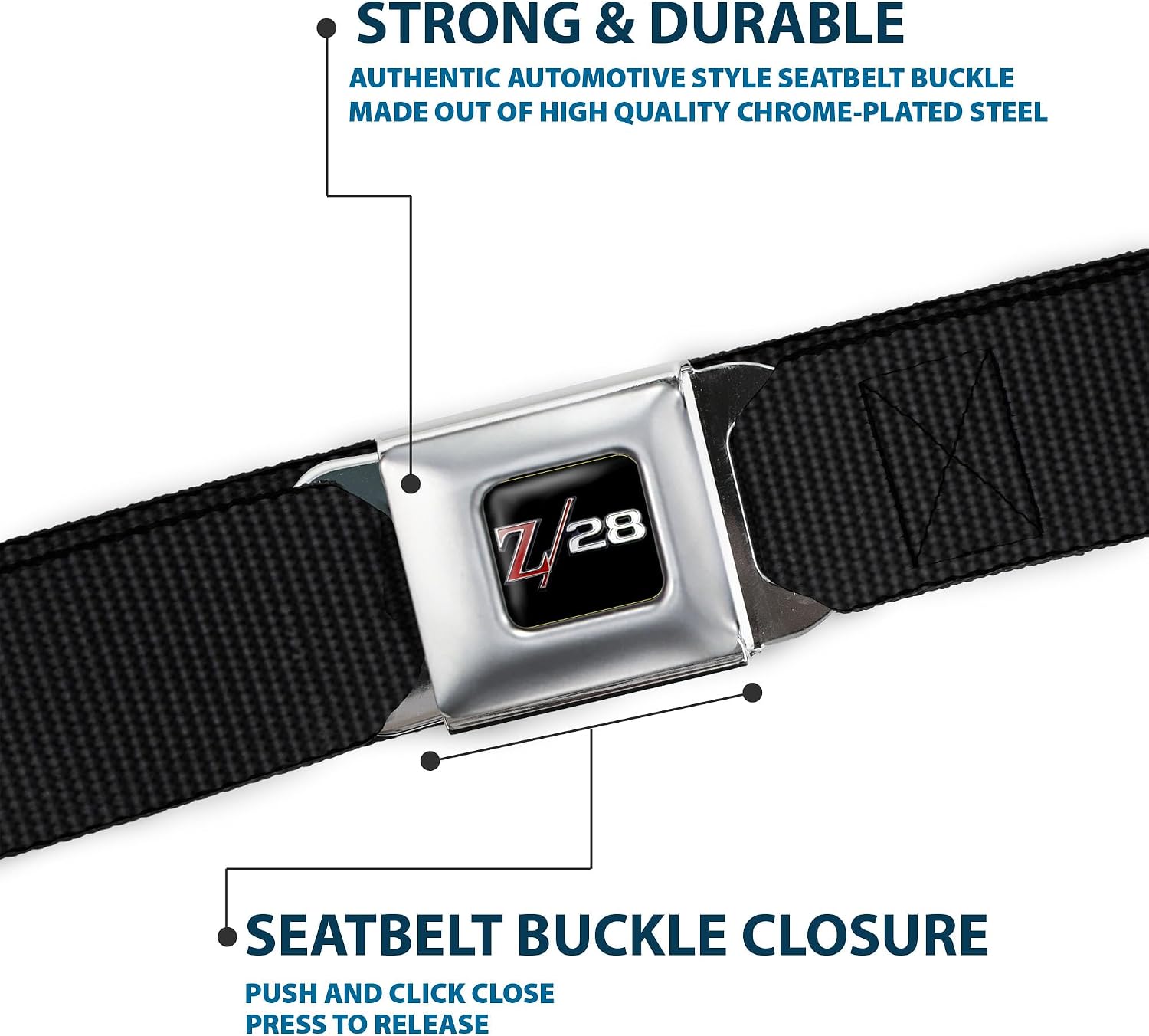GM General Motors Belt, Seatbelt Buckle Belt, 1969 Camaro Z 28 Emblem Black Silvers Red Logo, 32 to 52 Inches