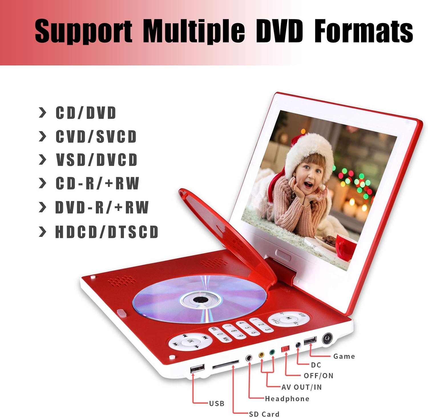 One-Day Sale: Up to 70% Off Jekero 12.5 Portable DVD Player with 10.1 HD Swivel Screen, 6 Hours Rechargeable Battery DVD Player Portable for Kids and Car, Support CD/DVD/SD Card/USB with Car Charger and Remote Control ,Red