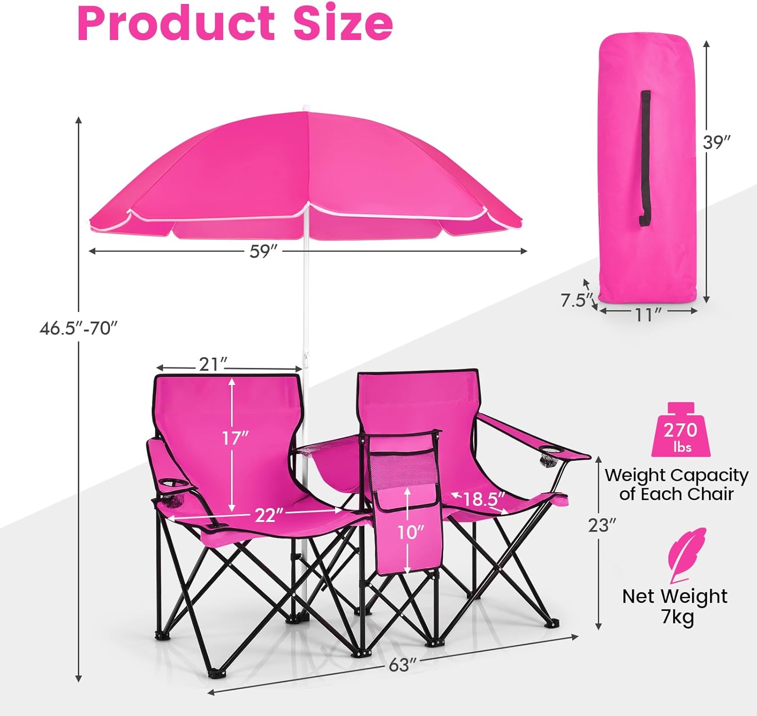 Tangkula Double Camping Chairs with Umbrella, Portable 2 Seat Folding Camp Chair with Cooler Bag, Beverage Holder, Carrying Bag, Foldable Lawn Chair for Outside, Fishing, Picnic, Beach