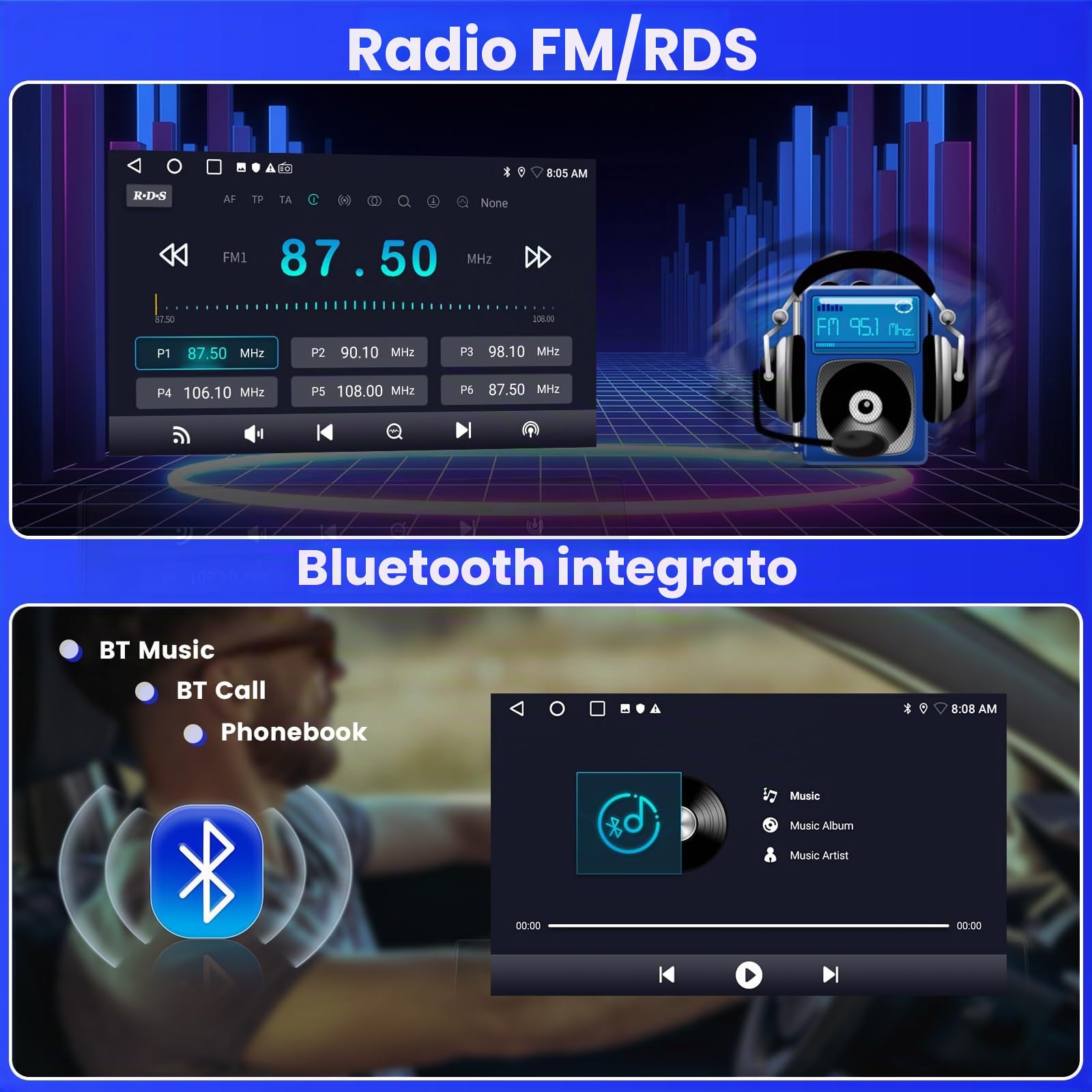 Inefala Android 15 2 Din Autoradio Wireless CarPlay con Schermo Motorizzato 2+64G, 10,1 Pollici Stereo Auto Bluetooth con Android Auto CarPlay Mirror Link FM RDS GPS WiFi Telecamera Posteriore AUX USB