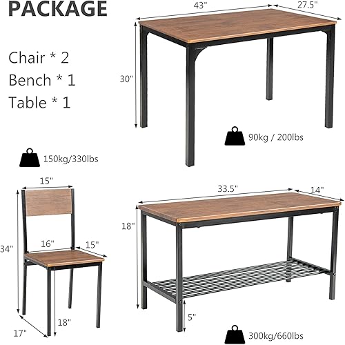 Miniatura 2 de COSTWAY Juego de mesa de comedor de 4 piezas para 4, mesa de cocina con 1 banco y 2 sillas, juego de mesa y sillas con estante de almacenamiento,