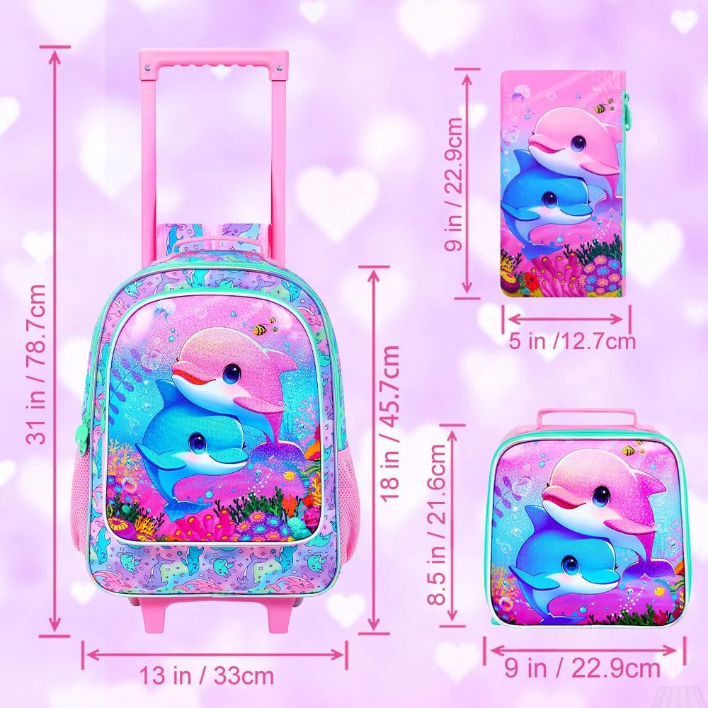 UFNDC 4PCS Girls Rolling Bookbag, Cute Kids Dolphin Wheeled Backpack，Roller School Bag with Wheels for Elementary Preschool Travel