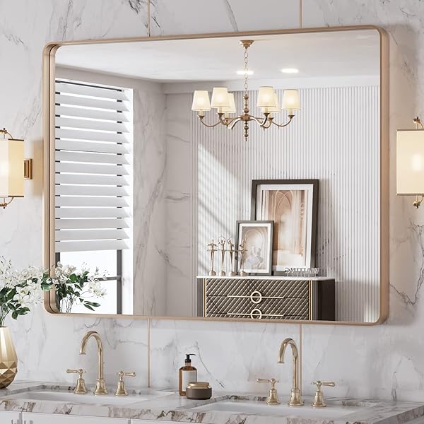 LOAAO 22”X30” Gold Bathroom Mirror, Rounded Rectangle Gold Frame Mirror, Brushed Gold Bathroom Vanity Mirror Wall-Mounted, Anti-Rust, Hangs Horizontally or Vertically