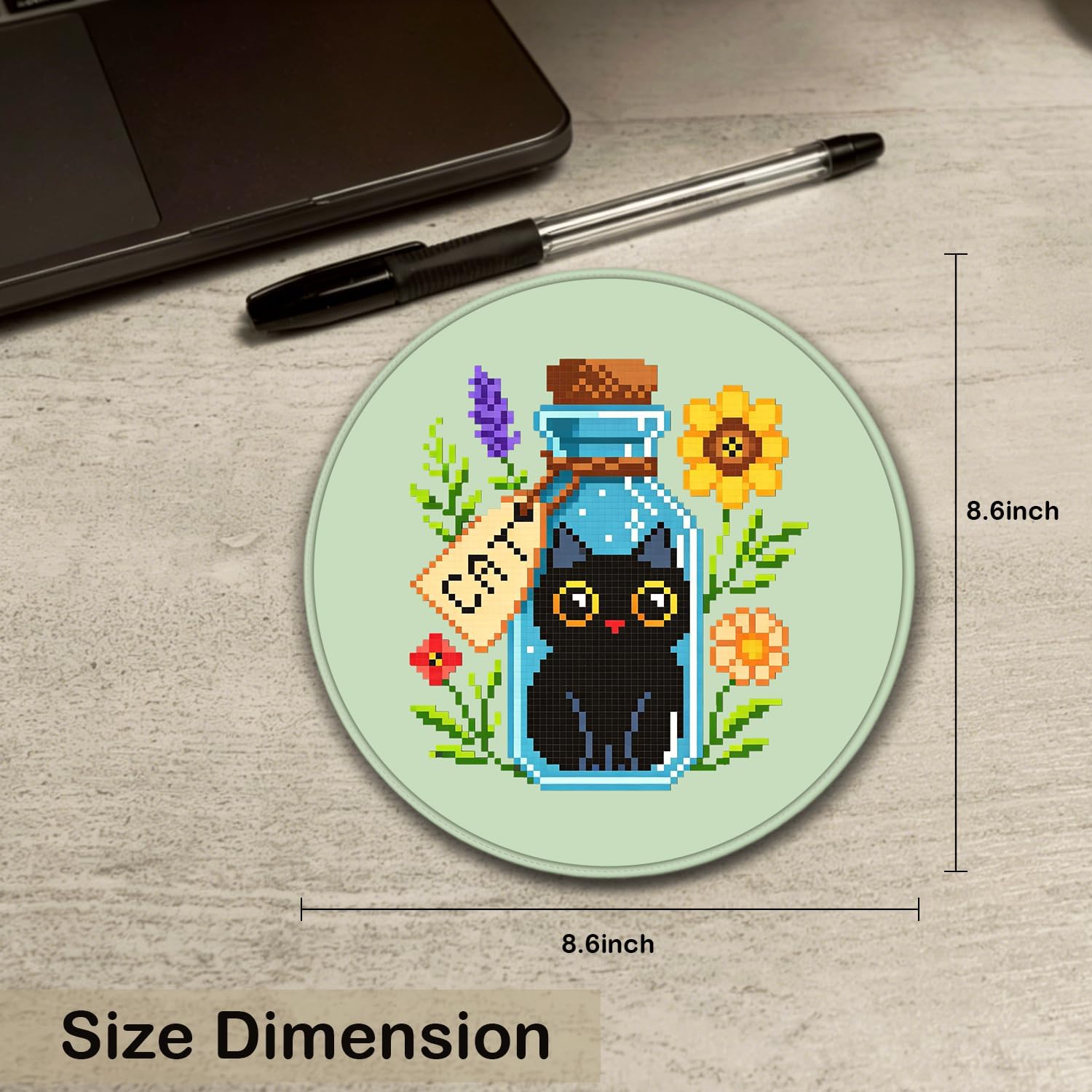 Black Cat Round Mouse Pad,Kawaii Pixel Art Desk Mat for Office,Cute Kitty in Jar Computer Accessories,Floral Desktop Decor,Unique Gifts for Cat Lovers Women Girls,8.7x8.7 Inches image 5