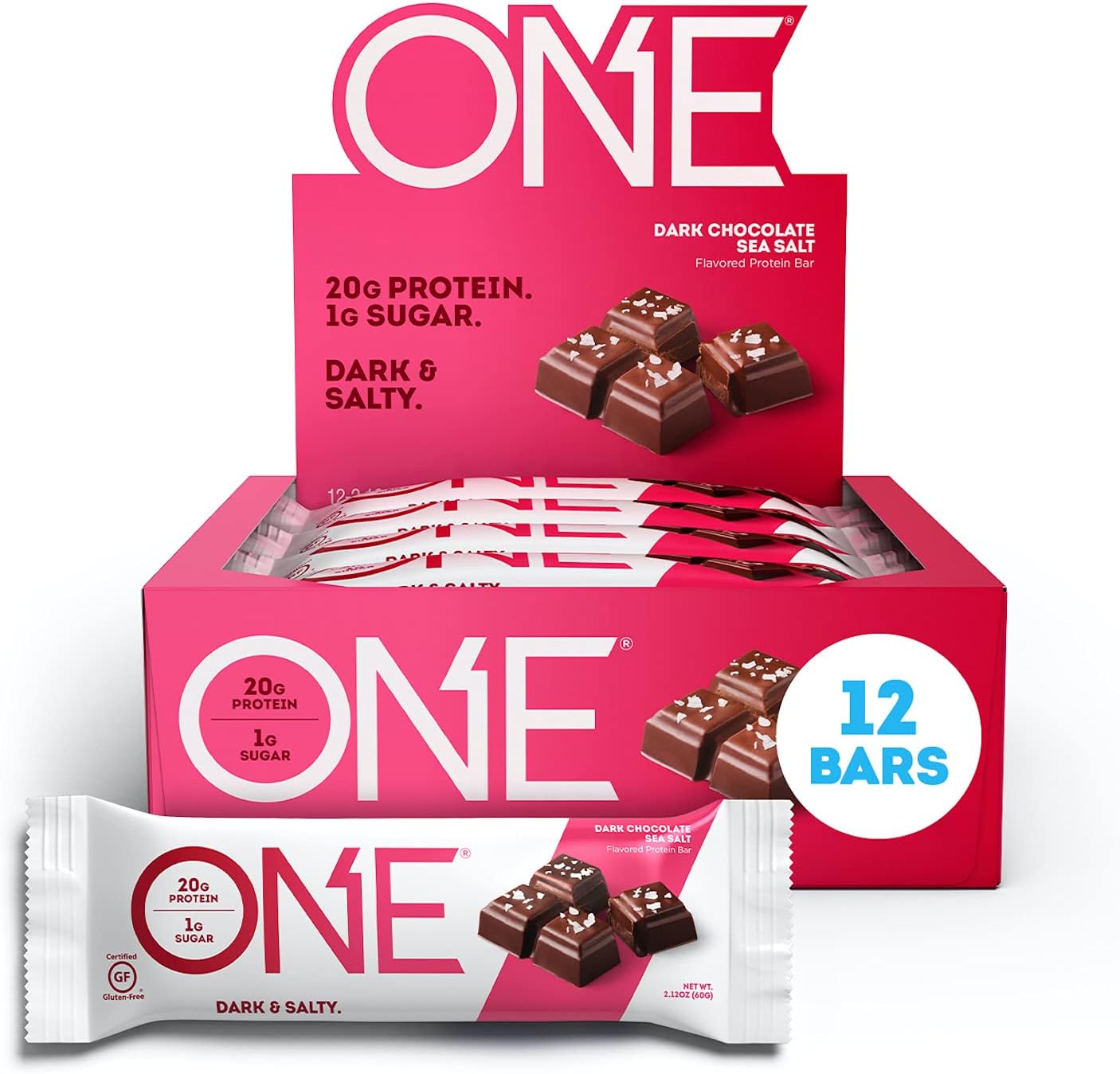 ONE 1 Protein Bars, Dark Chocolate Sea Salt, No Gluten, 20g Protein & only 1g Sugar, Guilt-Free Snacking for Diets, 2.12 Oz, 12 Count