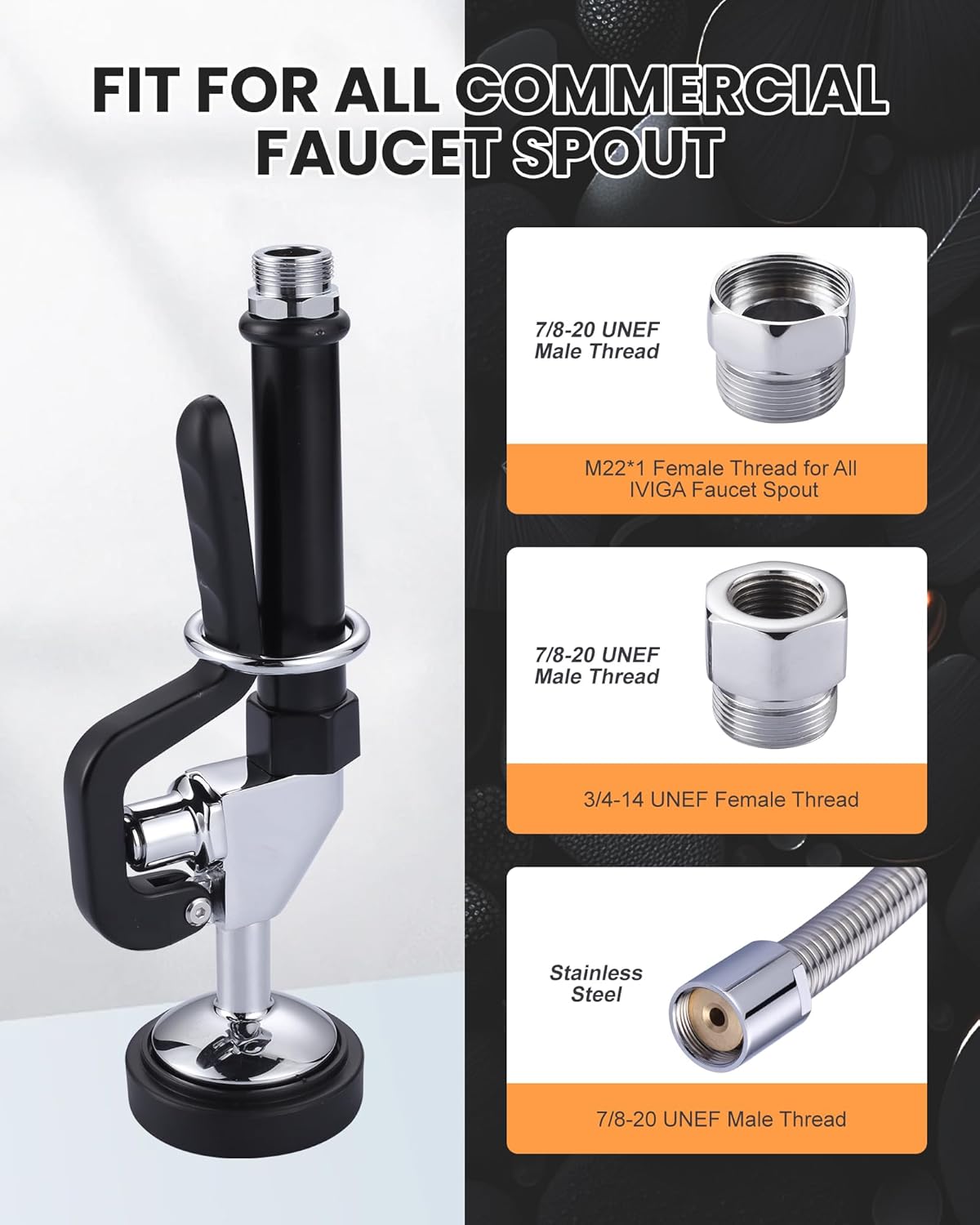 Commercial Sink Sprayer Valve with Hose: iVIGA 38" Flexible Stainless Steel Commercial Kitchen Spray Hose - 1.3 & 3.85 GPM High Pressure Pre Rinse Spray Nozzle - Black 7/8"-20UNEF Handle Assembly