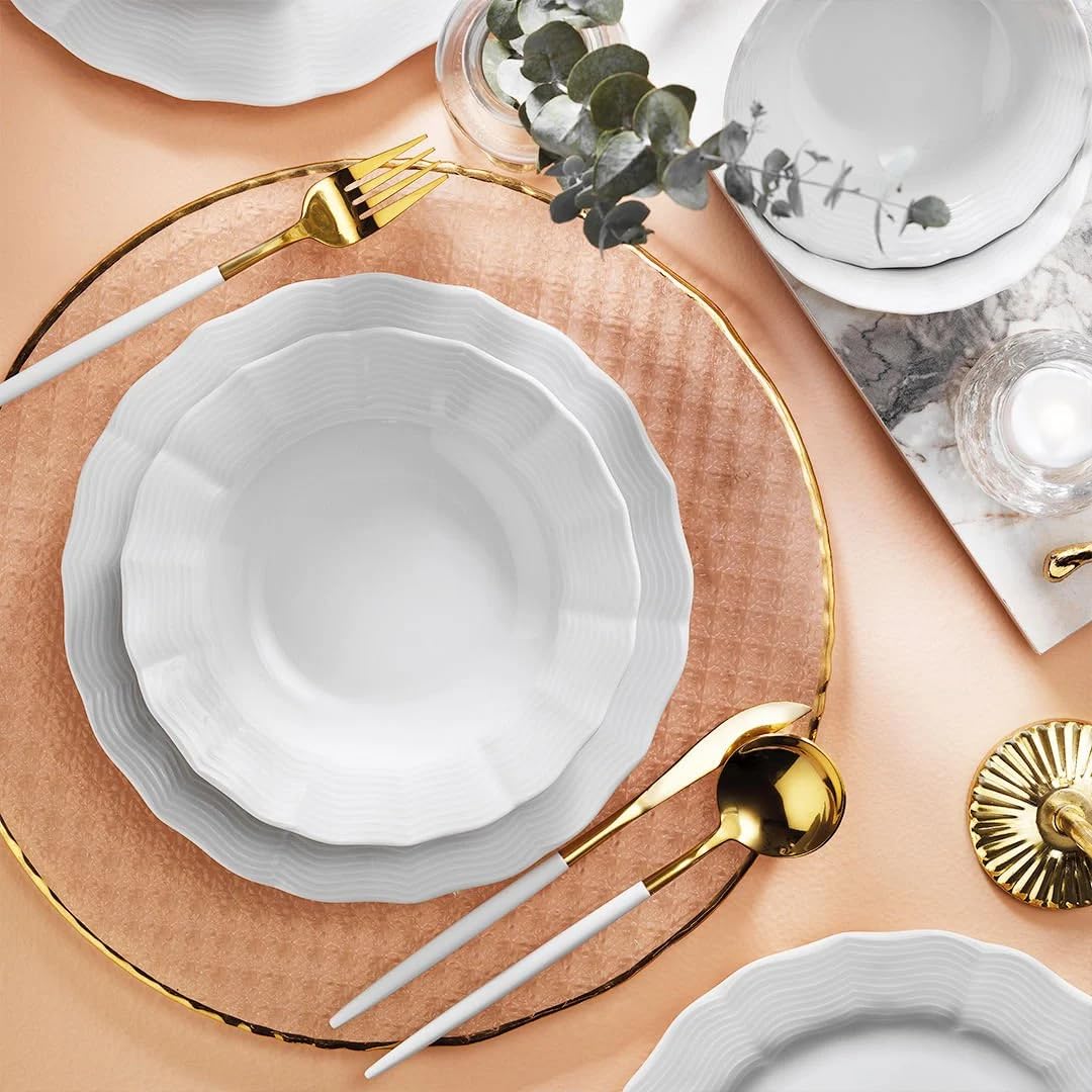 Vajilla de Porcelana Porland Ondulada - Vajilla de 18 Piezas Blanca– completa y elegante para 6 personas