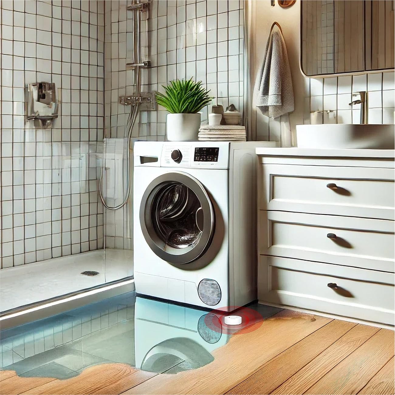 Luminea Home Control sensore livello dell'acqua: Rilevatore di acqua WLAN, Suono di allarme a 80 dB, Wi-Fi (rilevatore acqua smart, d'acqua da pavimento Wi-Fi, ipad)