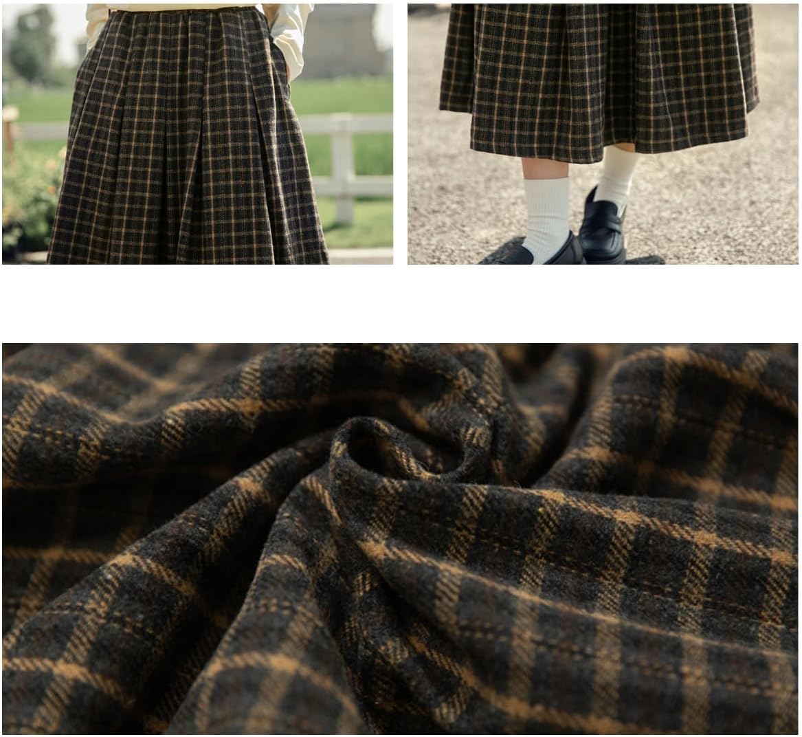 Womens Fall Long Plaid Skirt with Pockets Casual Vintage High Waisted Pleated A Line Flare Wool Tartan Winter Skirts