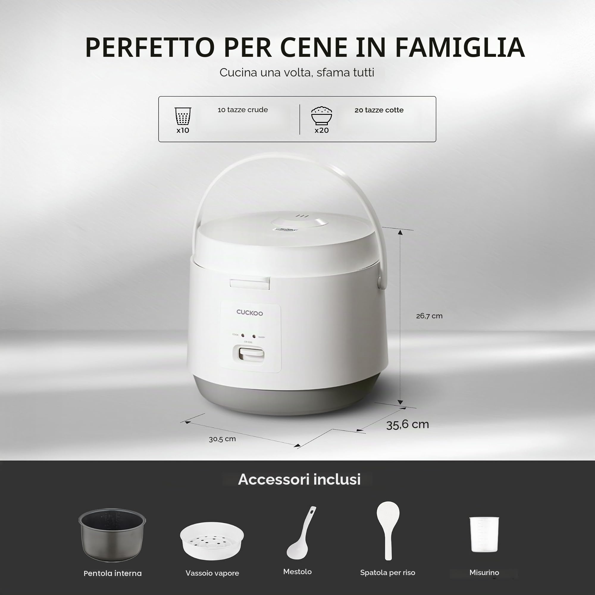 CUCKOO CR-1095 - Cuociriso da 10 tazze (non cotte) / 20 tazze (cotto), con pentola interna antiaderente, interruttore a pressione (bianco)