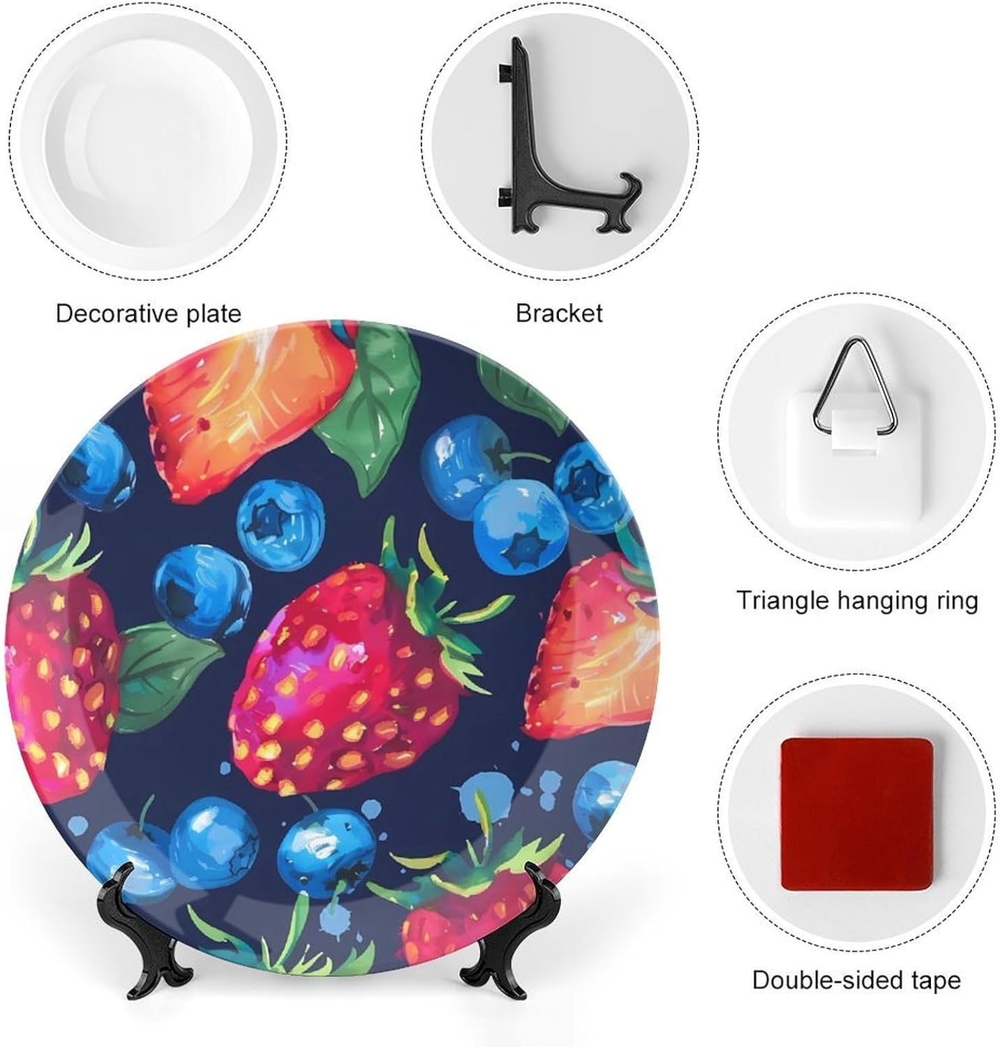 Hand Drawn Strawberry Blueberry Decorative Plates for Display Ceramic Plate Tray with Stand Hanger Home Decor