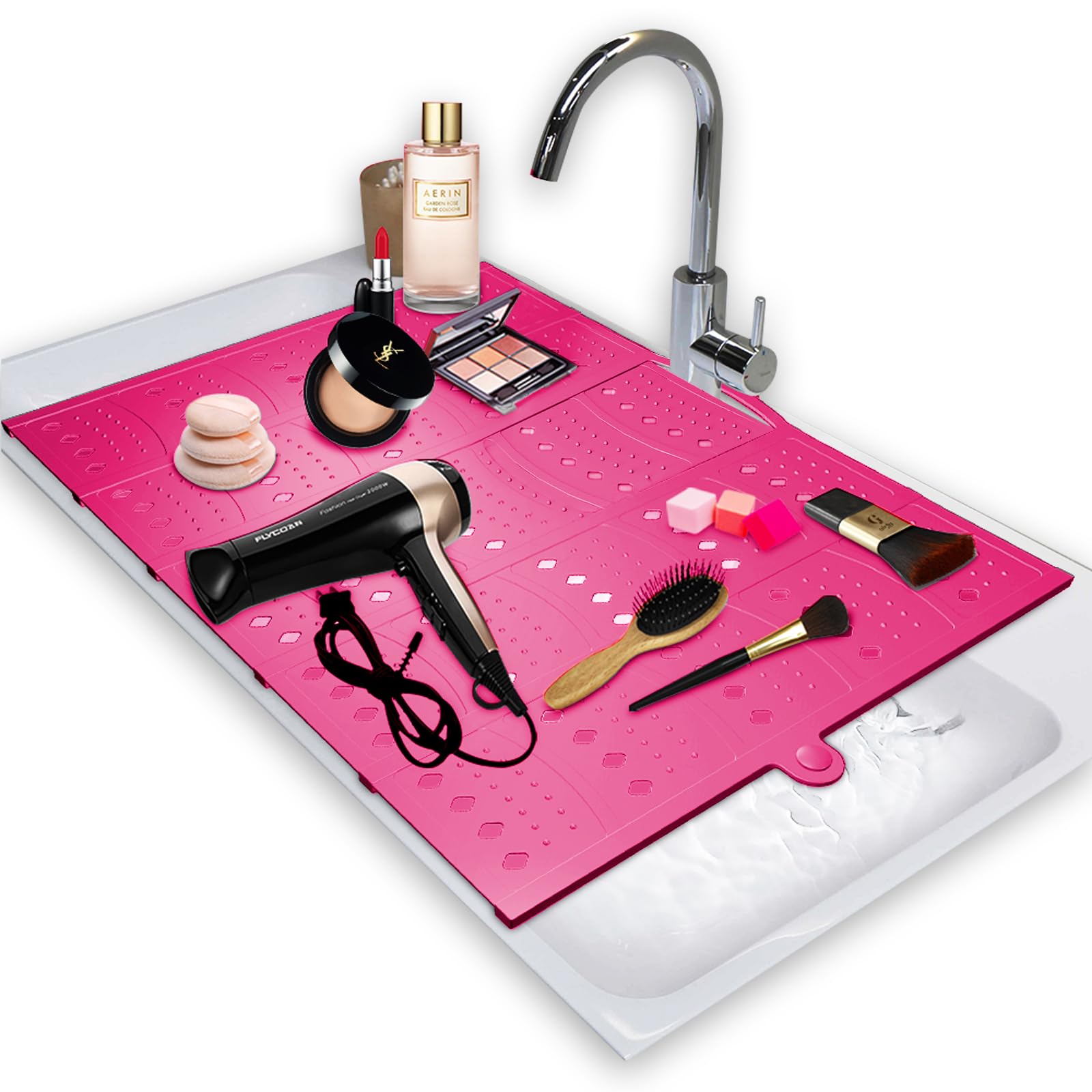 Organizador de fregadero y encimera con tapete de maquillaje de silicona