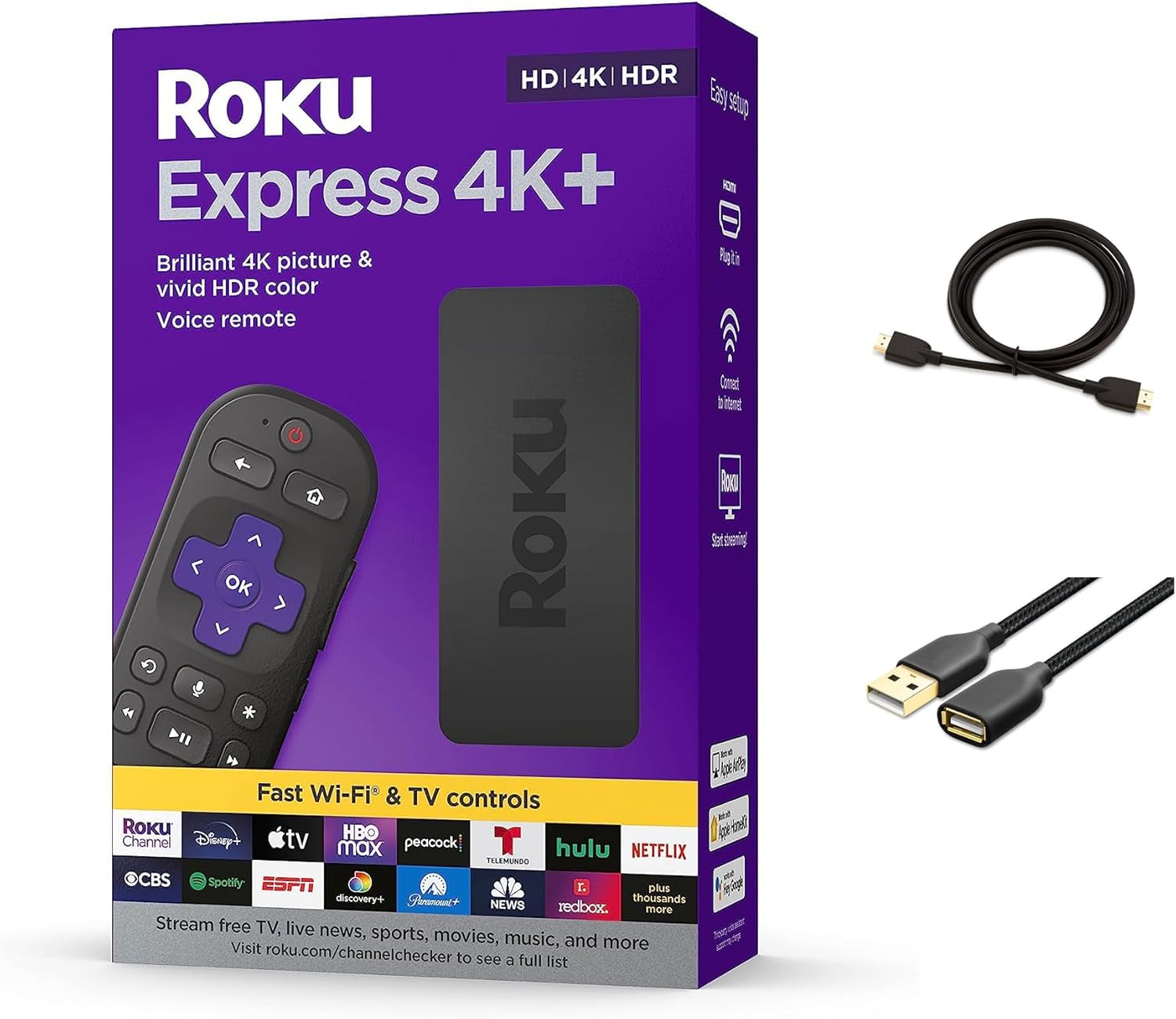 Roku Express 4K+ Streaming Player, HD/4K/HDR with Roku Voice Remote, TV Controls & Premium HDMI Cable & Smooth Wi-Fi, with HDMI Cable and USB Extension Cord