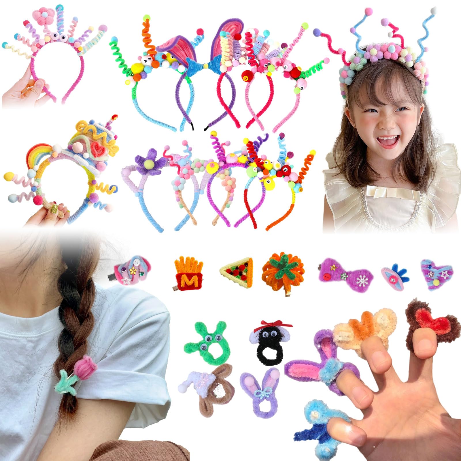 GOVOY Pipe Cleaners Craft Supplies Headband DIY Making Kit for Girls 3 in 1 Hair Band Hair Clips Rings DIY Kit for DIY Creativity and Craft Decorations for Kids Gift