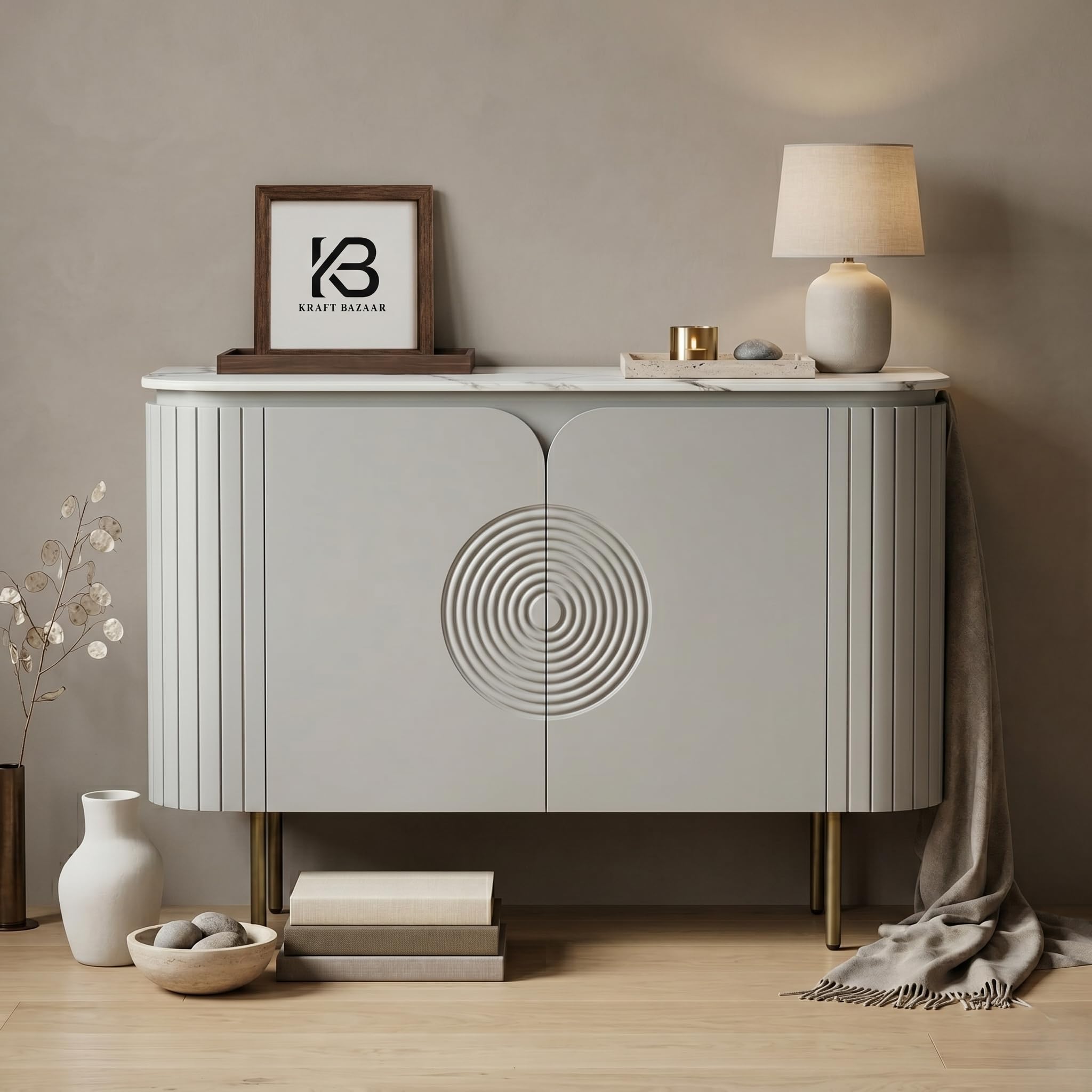 Solid Wood Mandala Sideboard Cabinet | Sintered Stone Top Sideboard for Living Room | Finish- Premium Acrylic Silver Grey-image-33