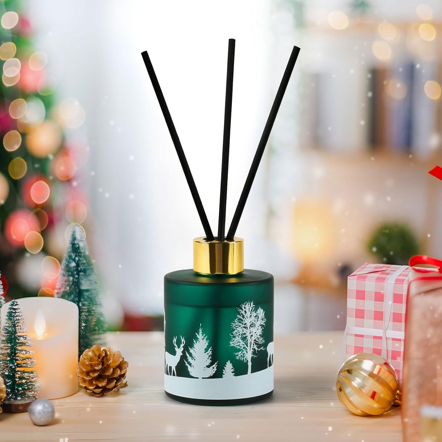 Christmas Reed Diffuser Set, Fireside Juniper & Balsam Scented, 6 Diffuser Sticks with Christmas Bottle Design, Home Decor Bedroom Living Room Office (Fireside Juniper & Balsam 4oz) - Image 8