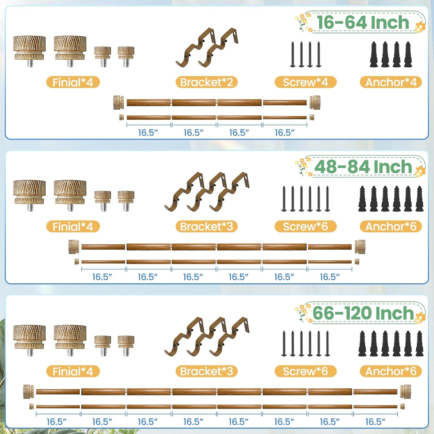 Wood Double Curtain Rods for Windows 28 to 48 Inches, 1-Inch Diameter Heavy-Duty Adjustable Boho Double Curtain Rods, With Wood Grain Finials for Farmhouses, Bedrooms, And Living Rooms.
