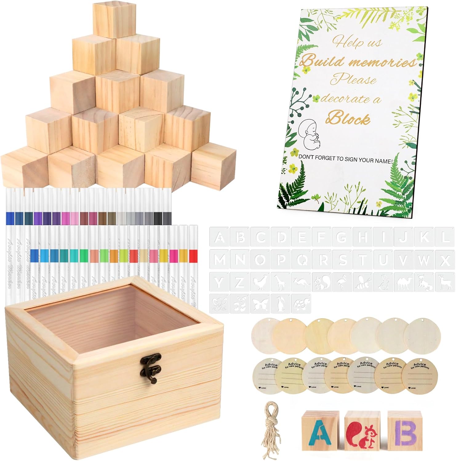 144 Pcs Baby Shower Games Sign Kit, Including 50 DIY Blank Wooden Blocks, 41 Stencils, 36 Acrylic Paint Markers, 15 Advice Cards, 1 Game Sign, 1 Storage Box for Baby Shower Games, Gender Reveal Party