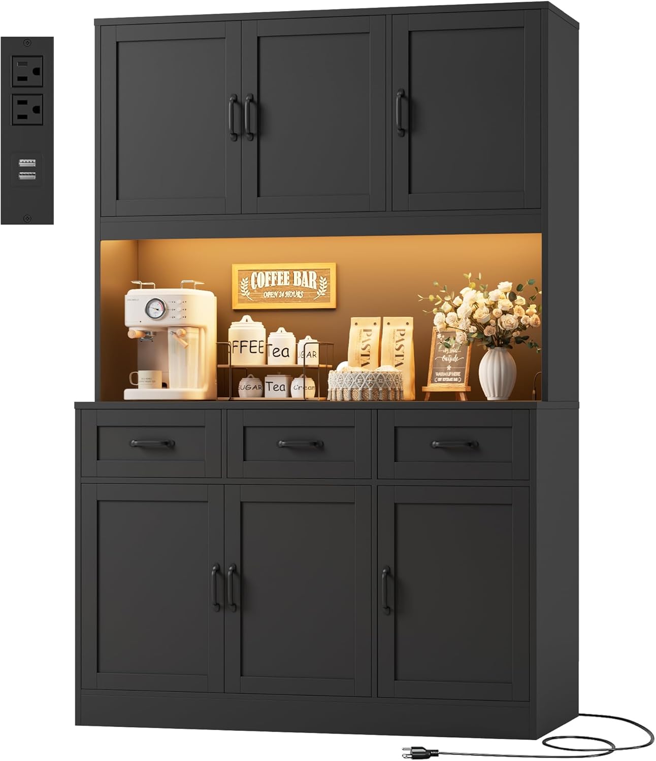 HOSTACK 72" Tall Kitchen Pantry Cabinet with RGB LED Lights & Charging Station, 47" Wide Black Hutch for Modern Kitchens & Dining Rooms