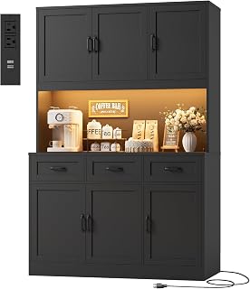 HOSTACK 72" Tall Kitchen Pantry Cabinet with RGB LED Lights & Charging Station, 47" Wide Black Hutch for Modern Kitchens & Dining Rooms